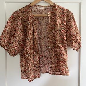 Doen Flowery Short Sleeve Button-Up Blouse NWOT